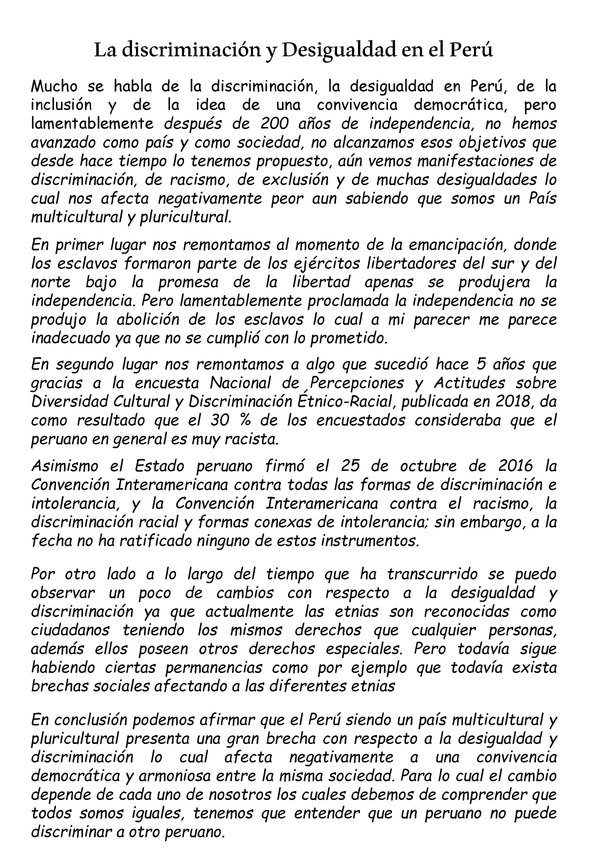 Texto Argumentativo - La Discriminación Y Desigualdad En El Perú Mucho ...