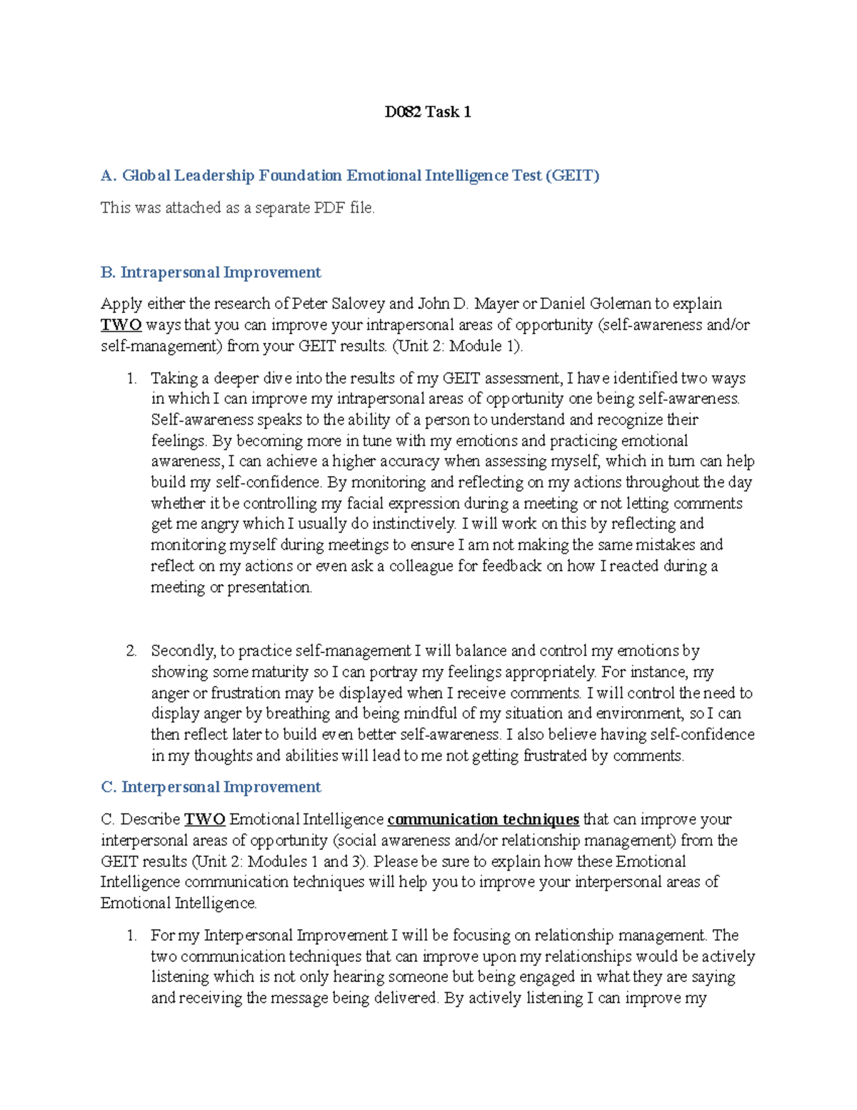 D082 Task 1 - Task 1 written assessment - D082 Task 1 A. Global ...