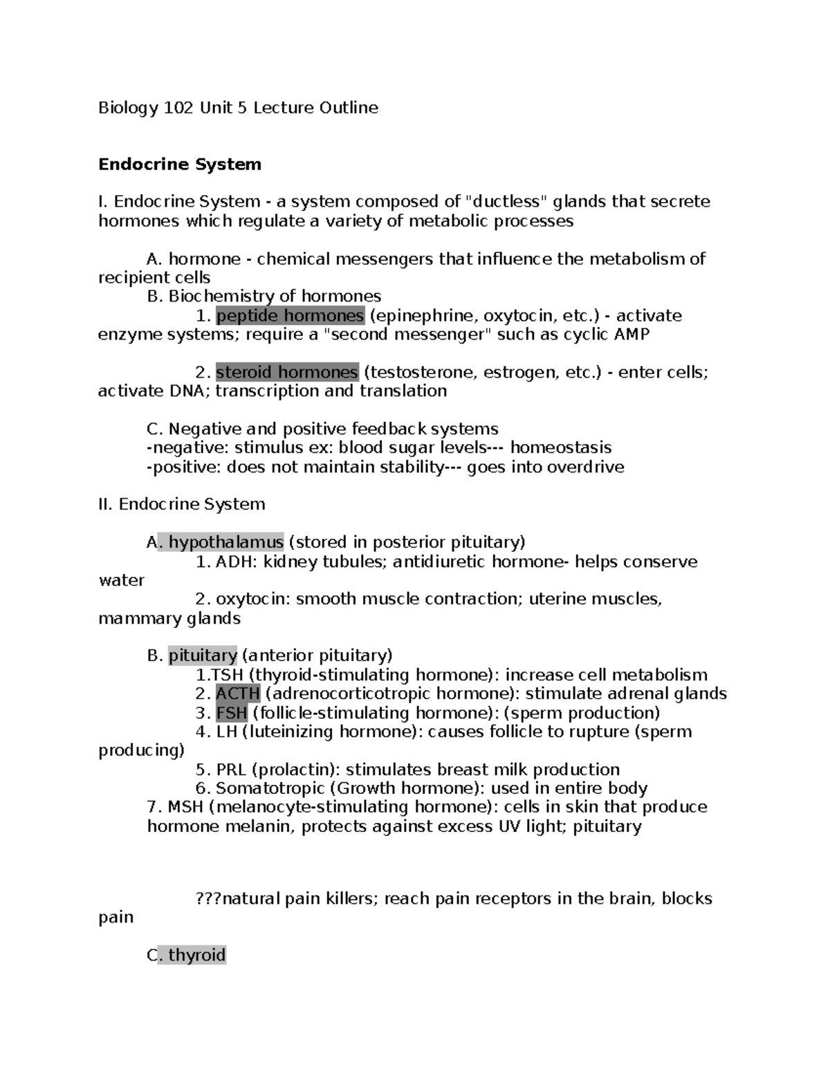 Biology 102 Unit 5 Lecture Outline Biology 102 Unit 5 Lecture Outline