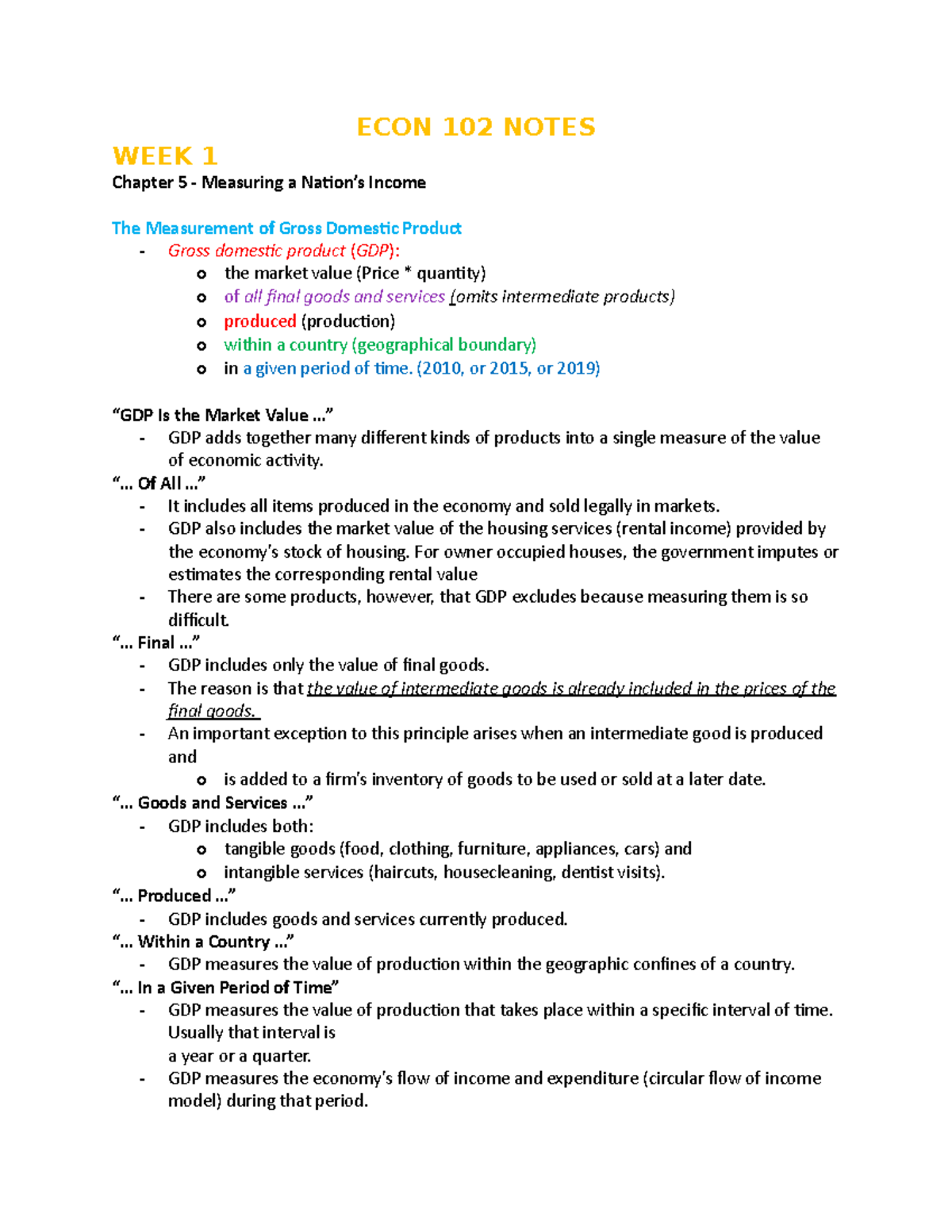 ECON 102 Notes - Week 1 -6 - ECON 102 NOTES WEEK 1 Chapter 5 ...