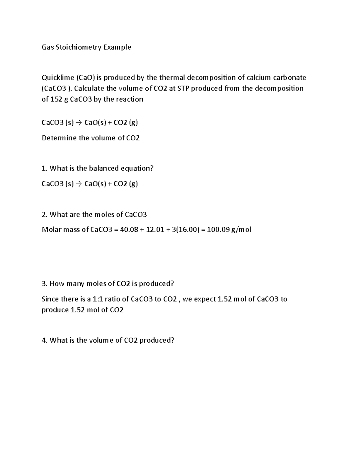 170 Gas Stoichiometry Example Gas Stoichiometry Example Quicklime