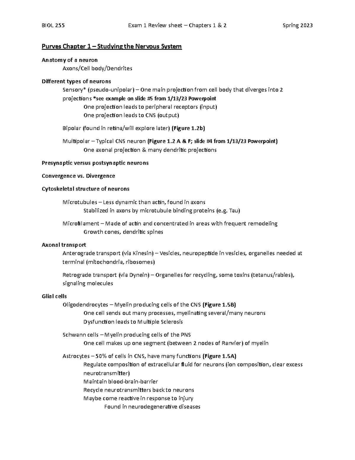 Biological Neuroscience Exam 1 Review Chapter 1 and 2 - BIOL 255 Exam 1 ...