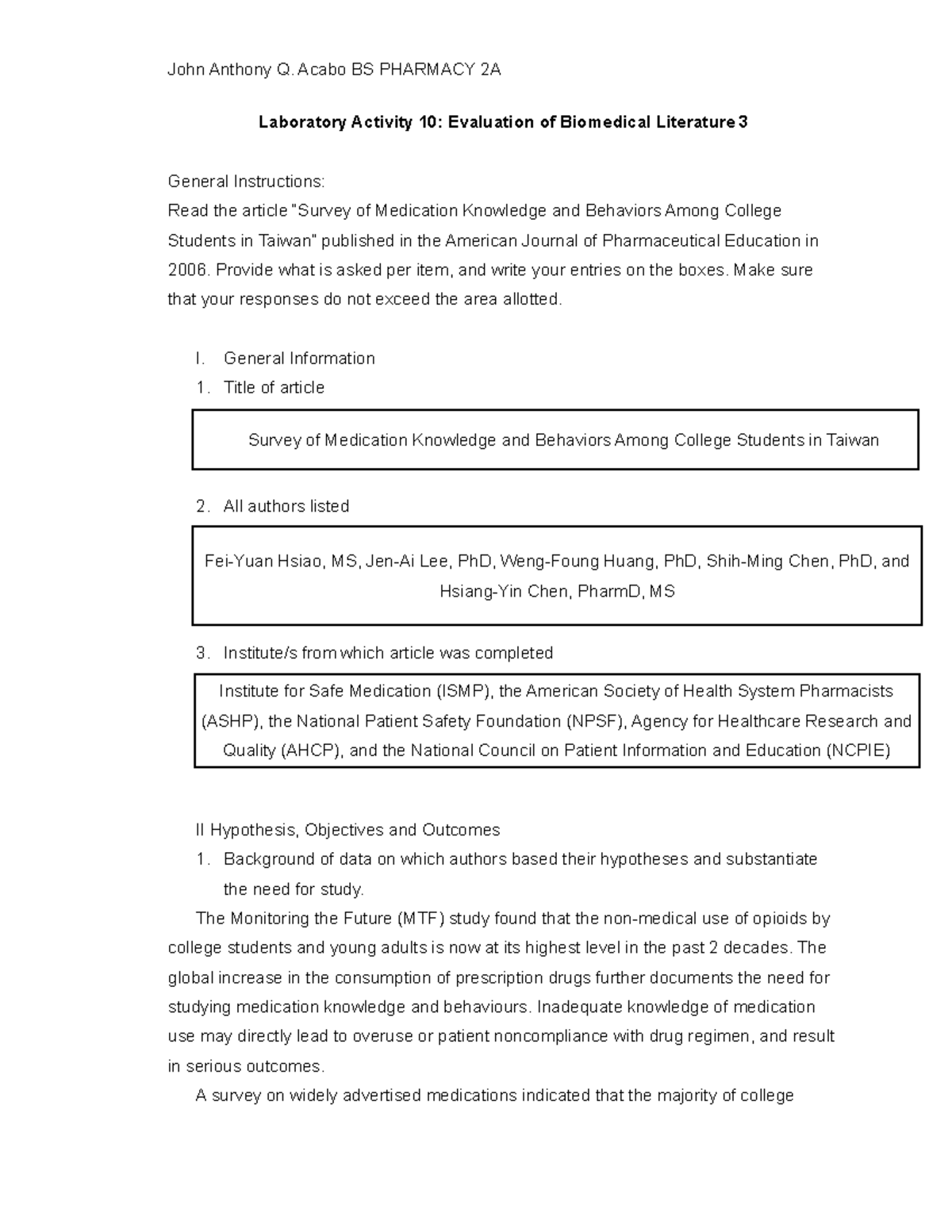 LAB 10 - Laboratory reference - Laboratory Activity 10: Evaluation of ...