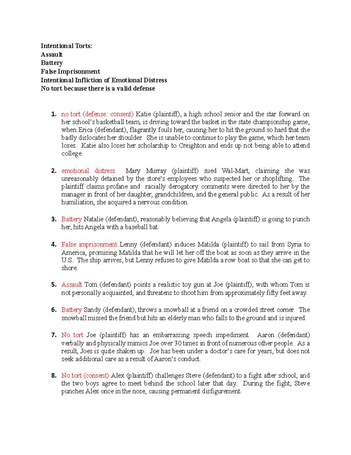 Ch. 8 Intentional Torts Worksheet - Intentional Torts: Assault Battery ...