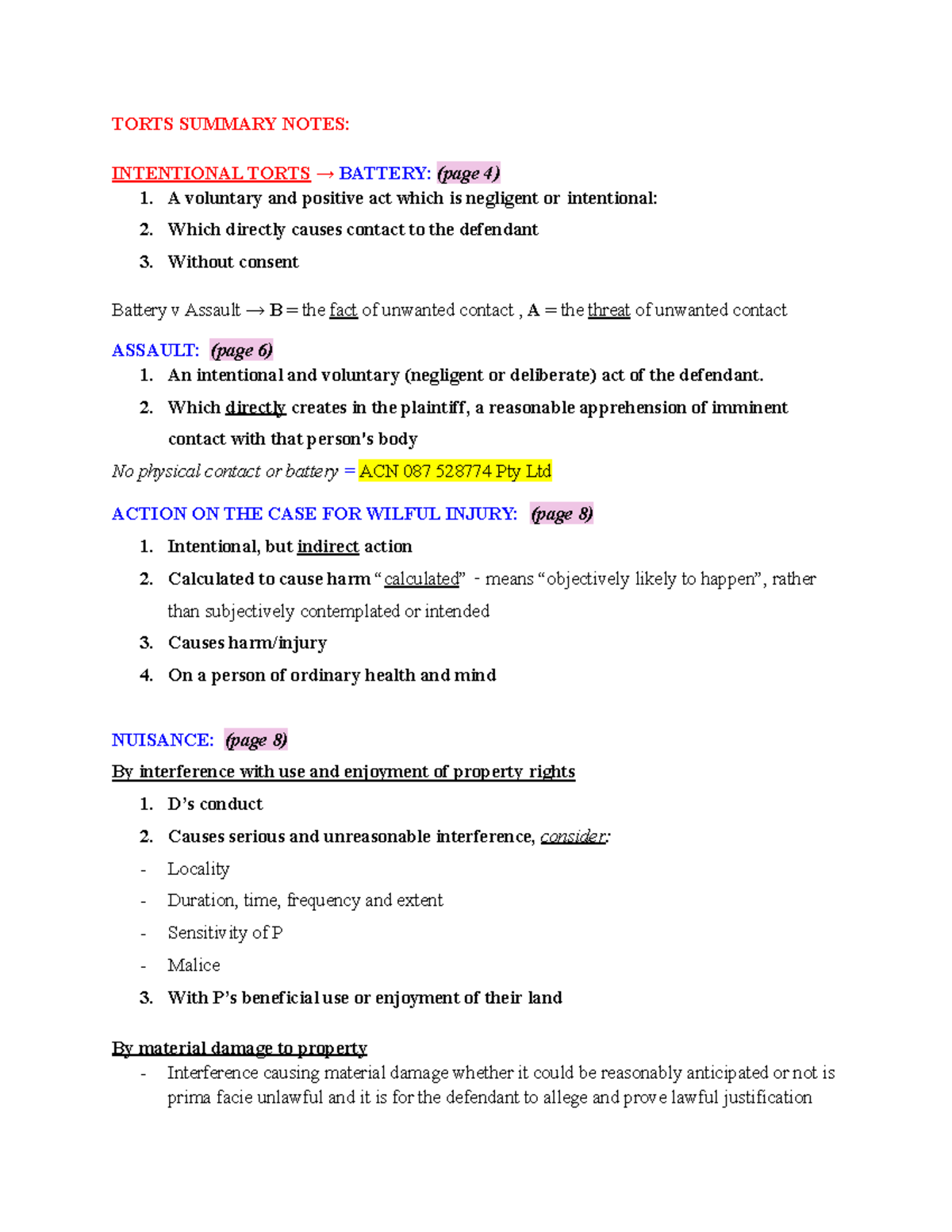 Torts Summary Notes - TORTS SUMMARY NOTES: INTENTIONAL TORTS →BATTERY ...