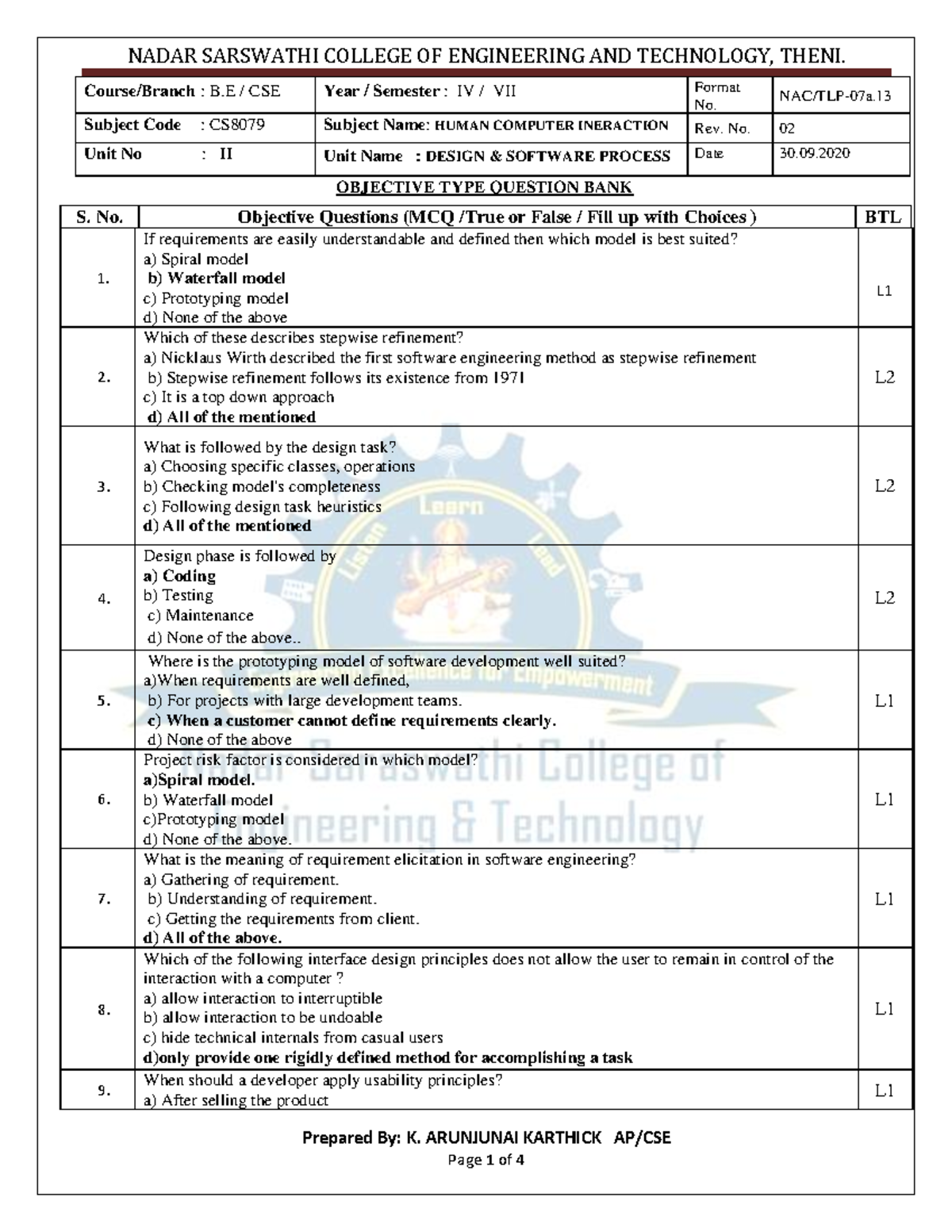 mcq hci unit2 : DESIGN & SOFTWARE PROCESS - Course/Branch : B / CSE ...