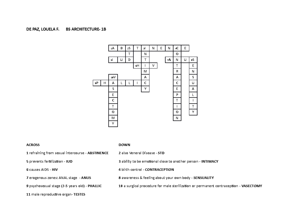 Crossword (DE PAZ, Louela F. BS ARCH1B) DE PAZ, LOUELA F. BS ARCHITECTURE 1B ACROSS DOWN 1
