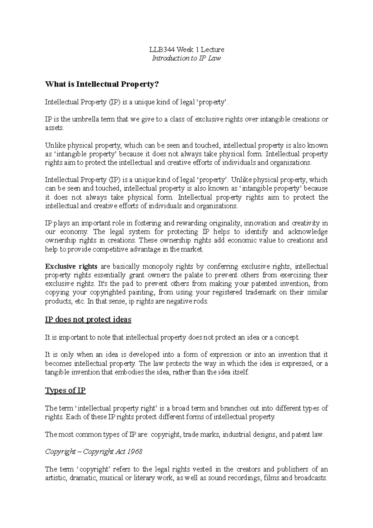 LLB344 Week 1 Lecture - LLB344 Week 1 Lecture Introduction to IP Law ...
