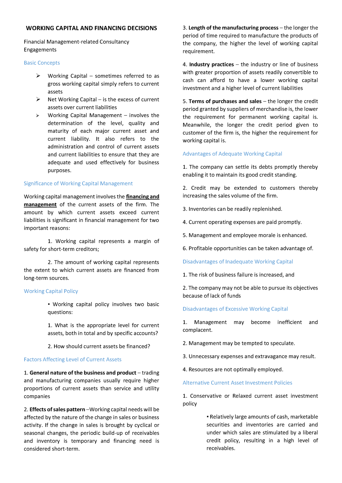 Strategic Business Analysis - WORKING CAPITAL AND FINANCING DECISIONS ...