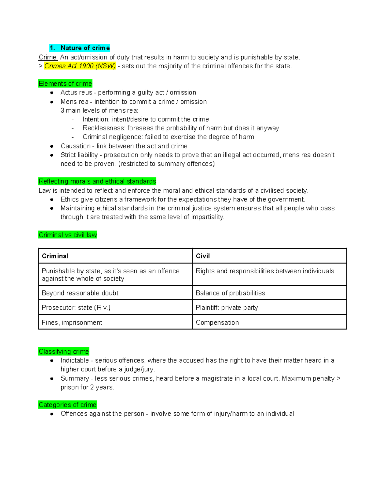 Legal crime notes upto criminal trial process - 1. Nature of crime ...