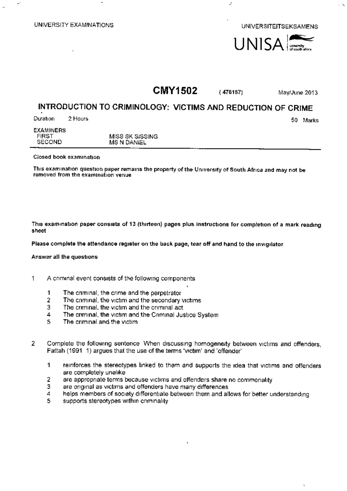 Exam 13 June 2013, questions - CMY1501 - Studocu