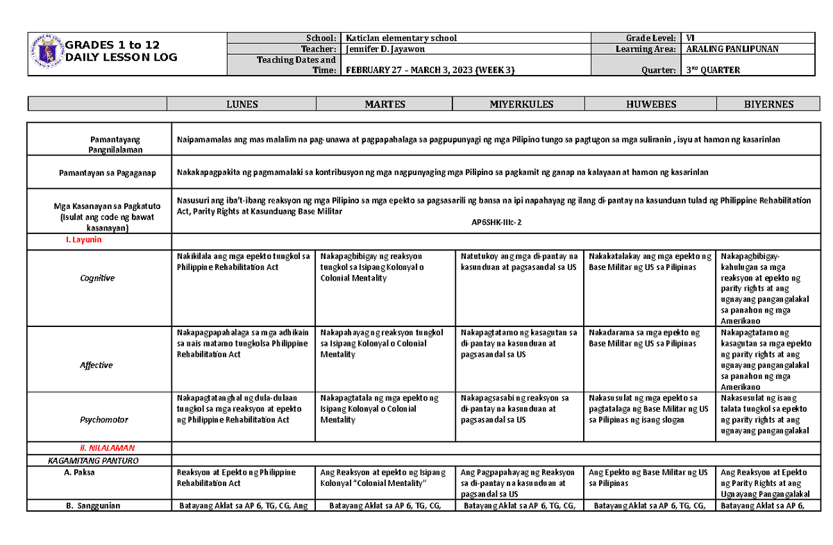 DLL Araling Panlipunan 6 Q3 W3 - GRADES 1 to 12 DAILY LESSON LOG School ...