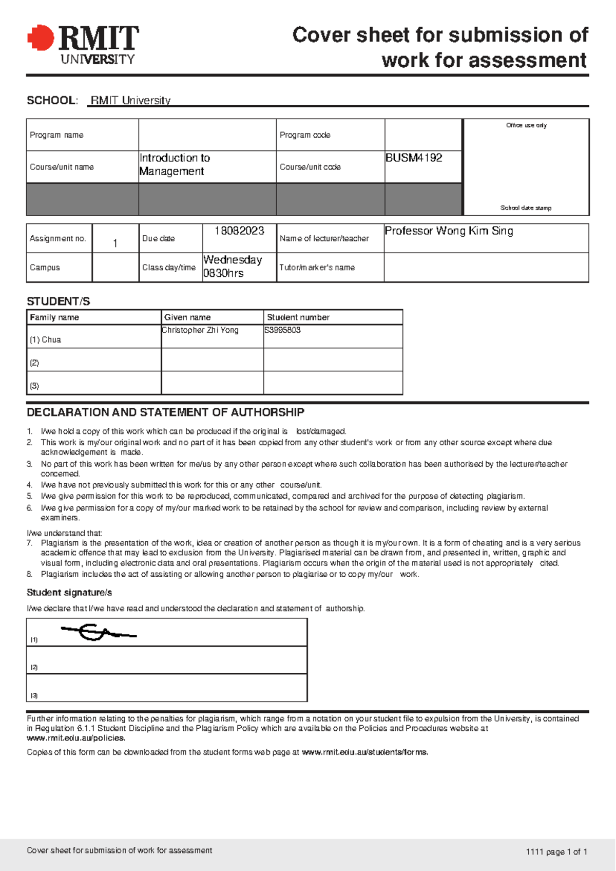 Finalised Assignment 1 - Cover sheet for submission of work for ...