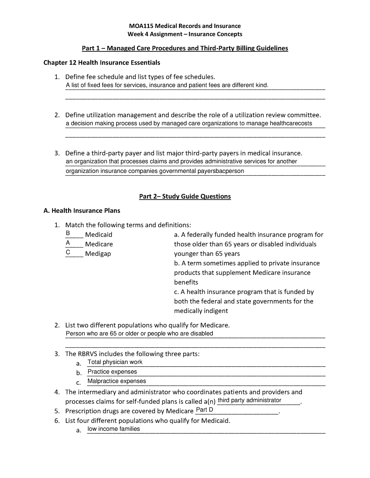 Week 4 Assignment Worksheet - MOA115 Medical Records And Insurance Week ...