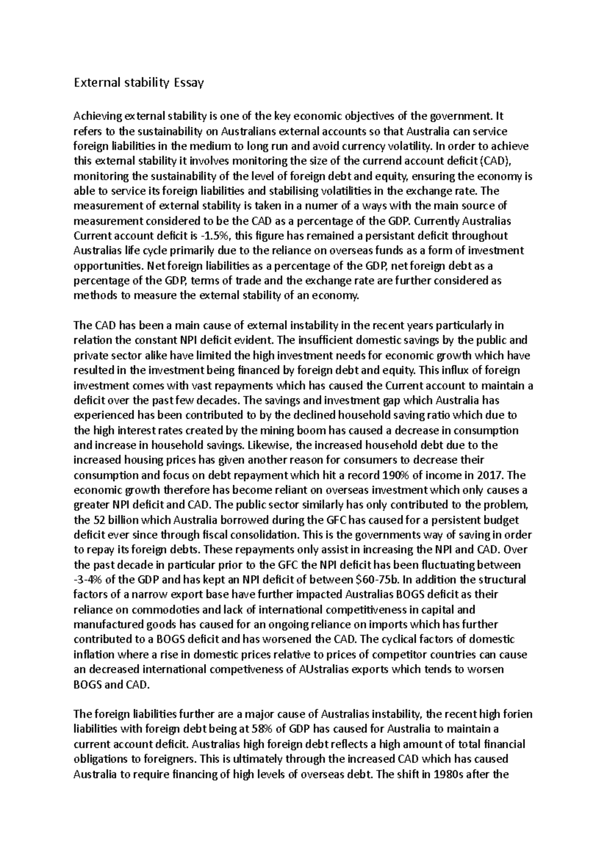 External stability Essay causes and consequences - econ215 - USyd - Studocu