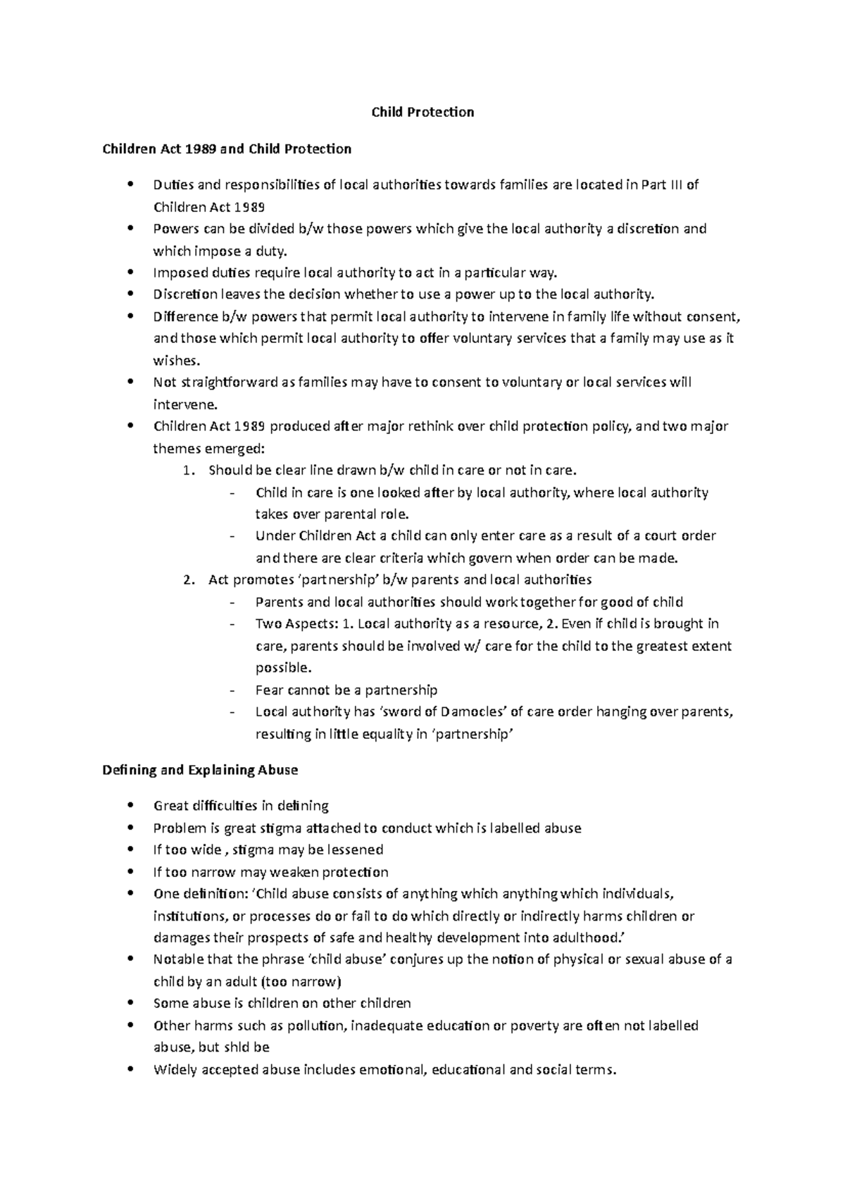 Child Protection - Exam Notes - Child Protection Children Act 1989 and ...