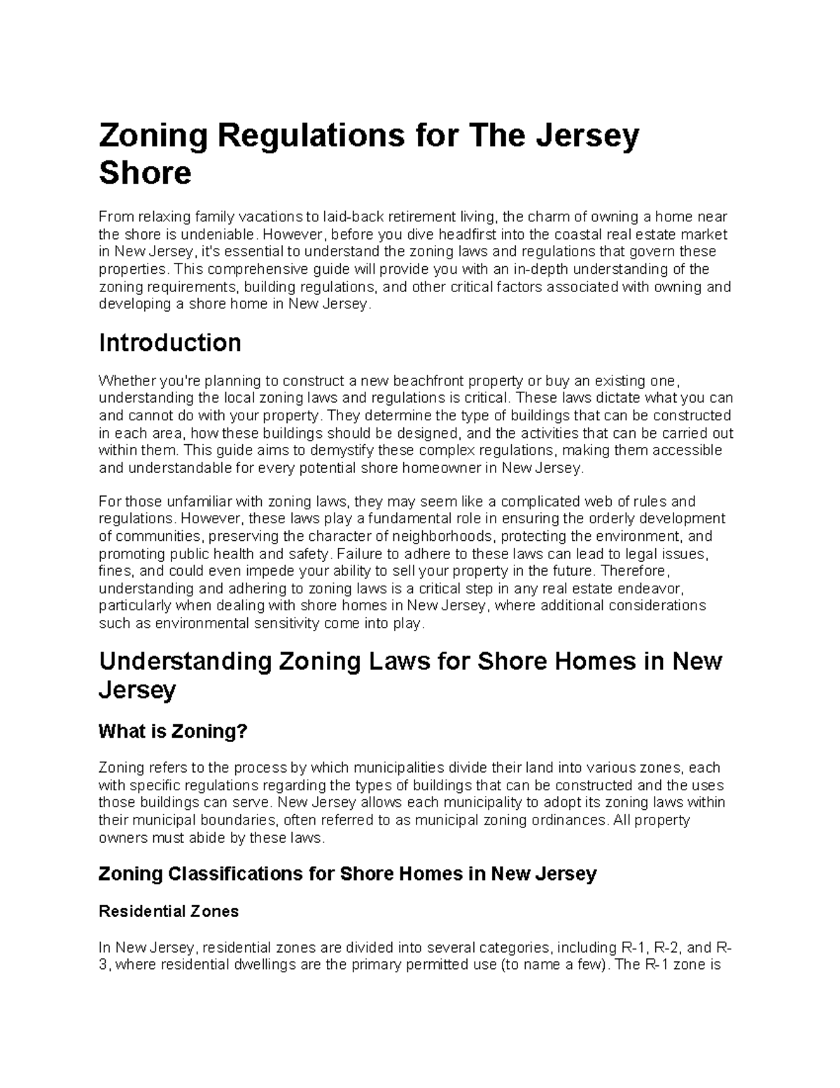 Zoning Regulations for The Jersey Shore Zoning Regulations for The