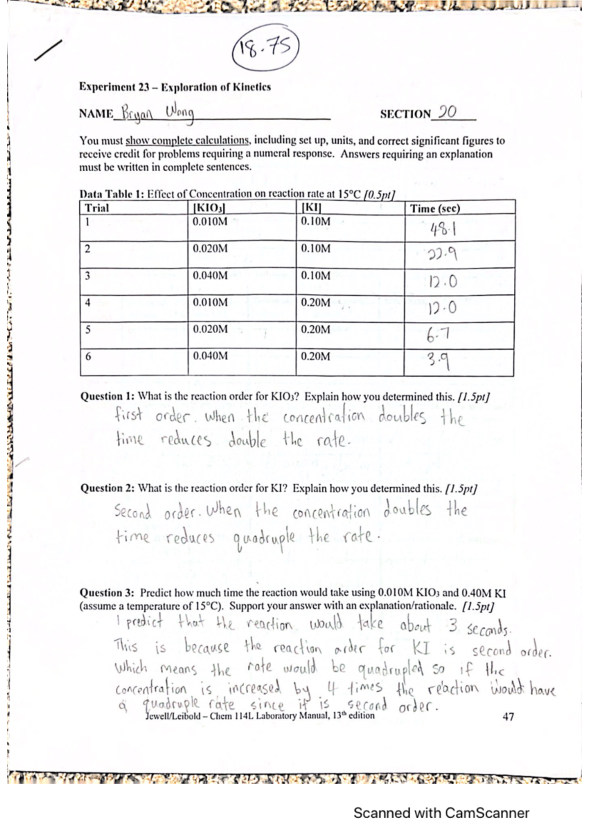 general chemistry kinetics experiment