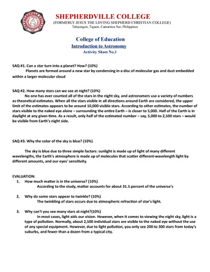 Astronomy Answer Sheet- #6 - SHEPHERDVILLE COLLEGE (FORMERLY JESUS THE ...