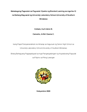 Makabagong Pagsubok sa Pag-aaral: Epekto ng Blended Learning sa mga Ika-12 na Baitang Mag-aaral ng University Laboratory School-University of Southern Mindanao