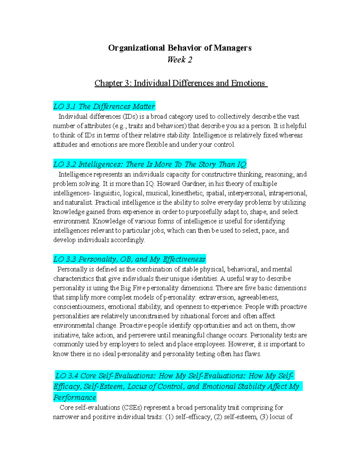 MGT312 Notes Week 2 - Organizational Behavior Of Managers Week 2 ...