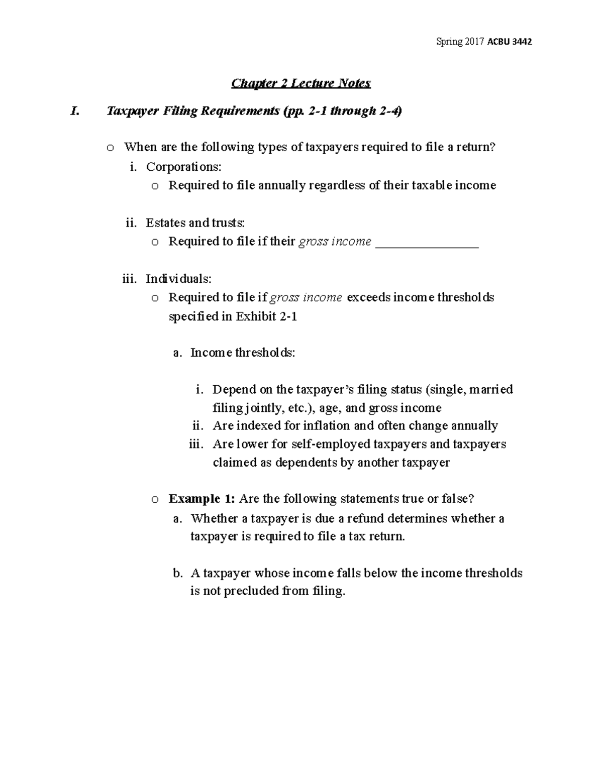 Chapter 2 Student Notes - Chapter 2 Lecture Notes I. Taxpayer Filing ...