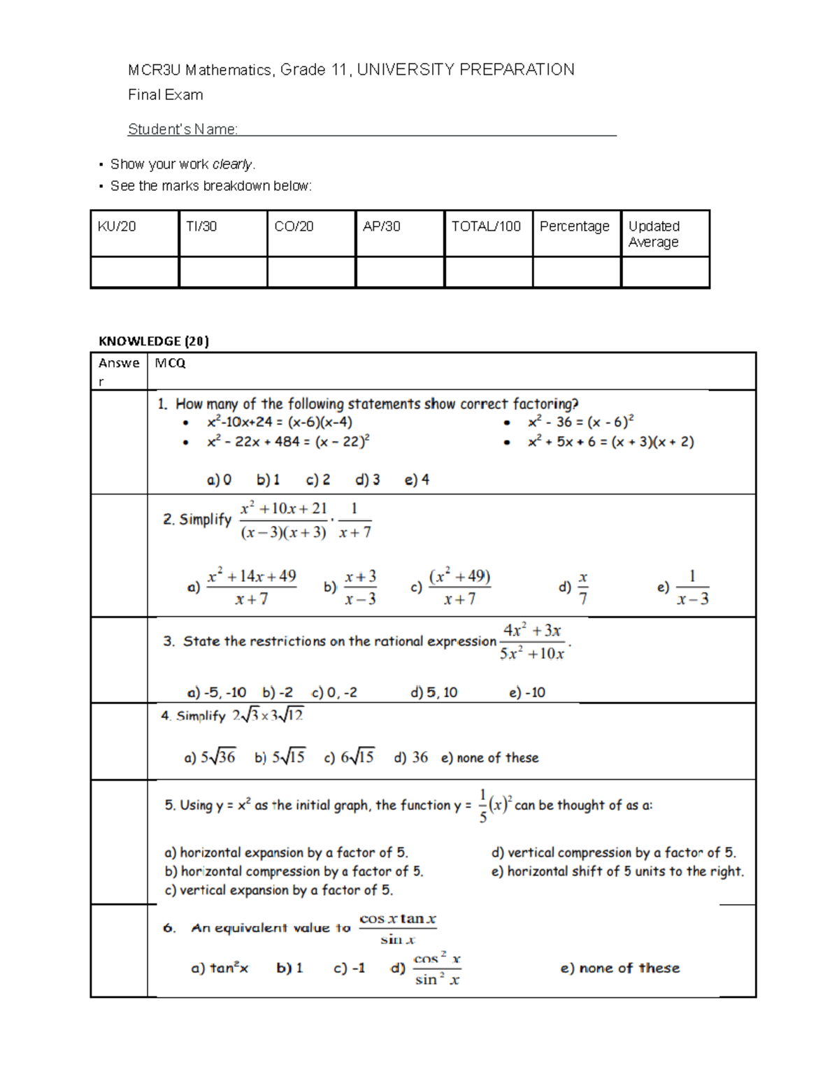 MCR3U Final Exam - Hdghdfghdfhgf - MCR3U Mathematics, Grade 11 ...