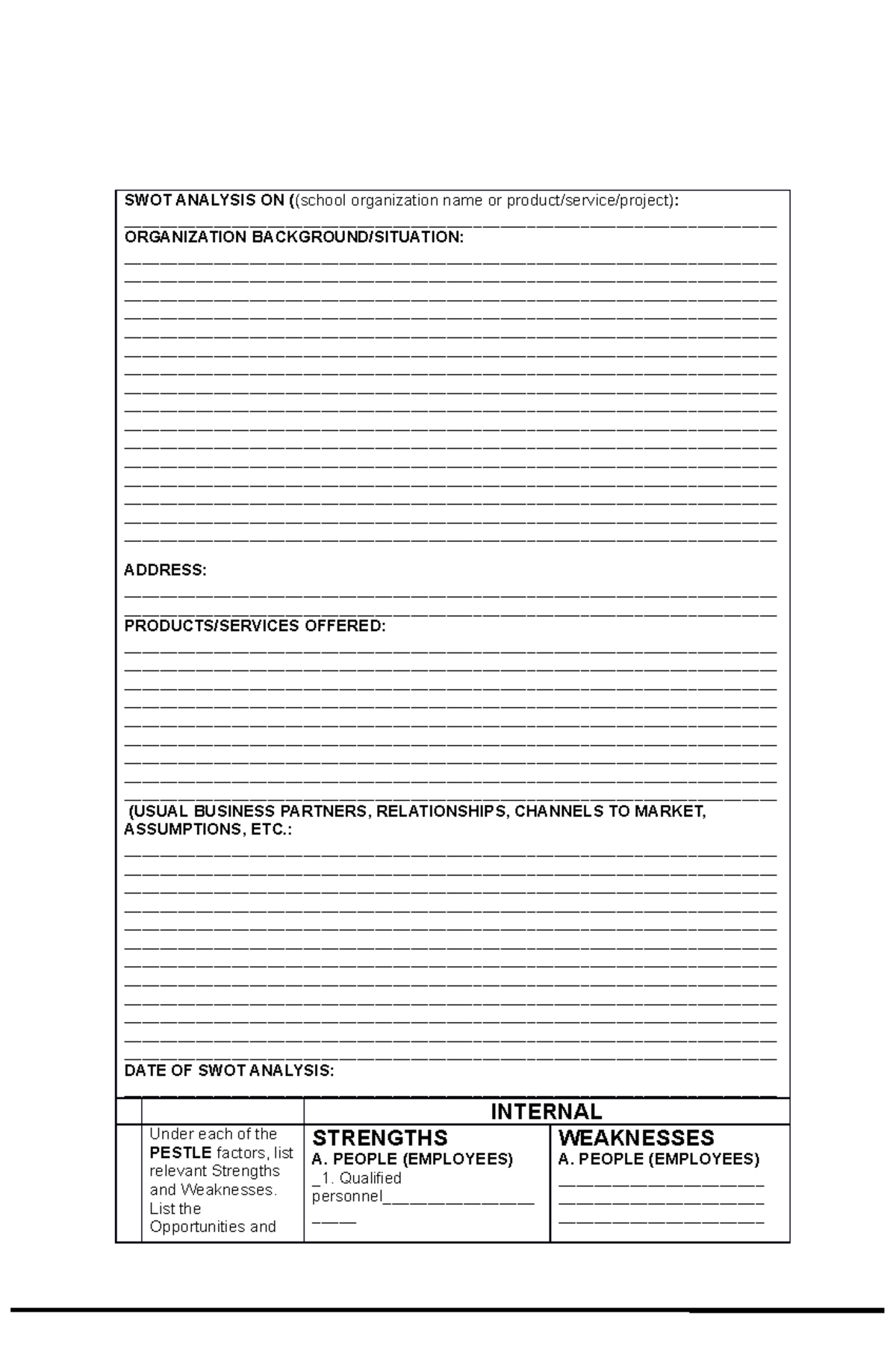 SWOT Analysis - SWOT ANALYSIS ON ( (school organization name or product ...