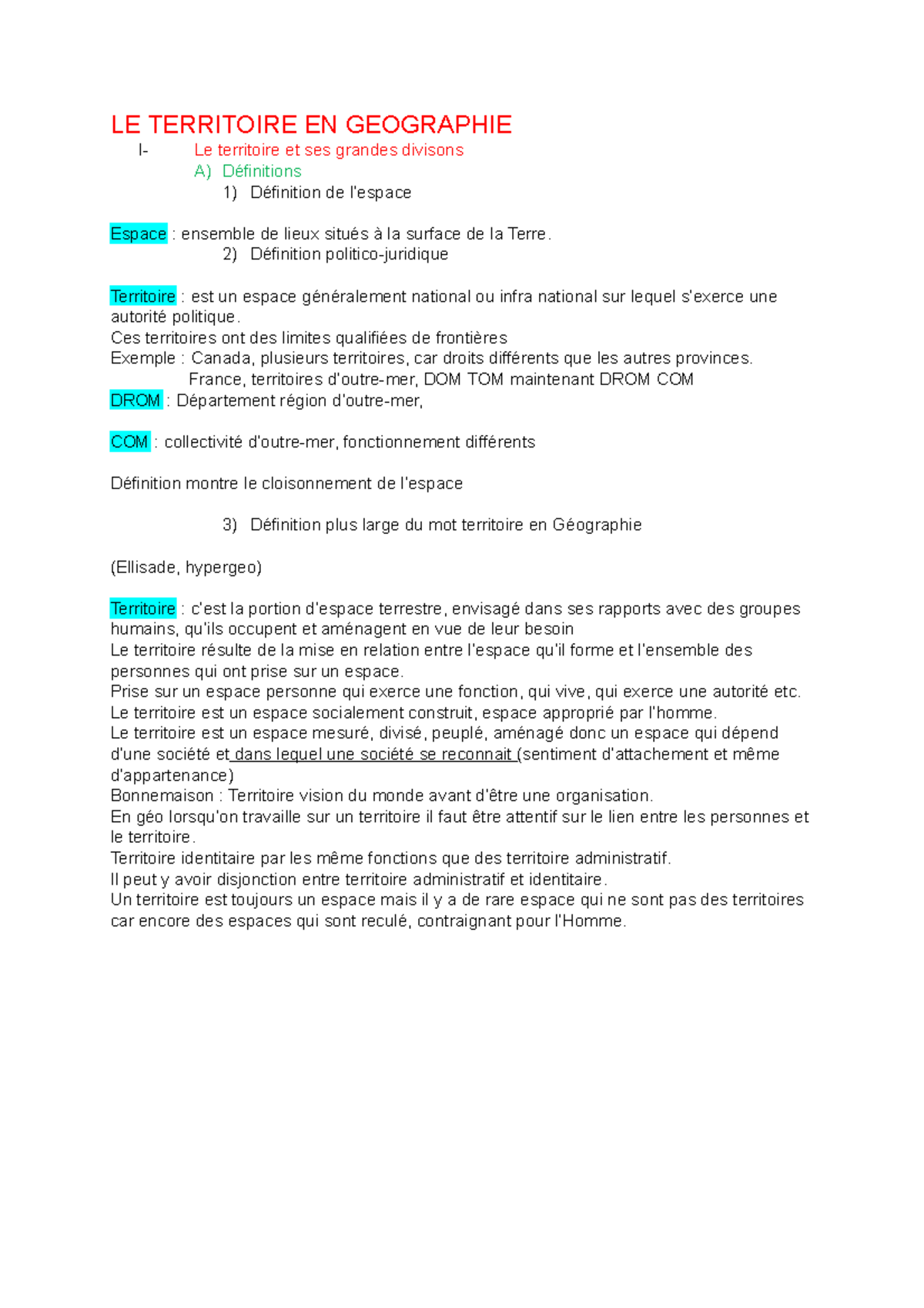 LE Territoire EN Geographie LE TERRITOIRE EN GEOGRAPHIE I Le