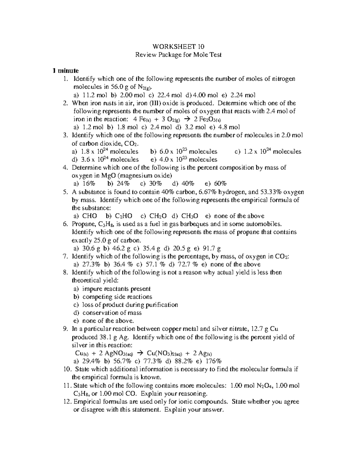 Worksheet 10 mole test review WORKSHEET 10 Review Package for Mole