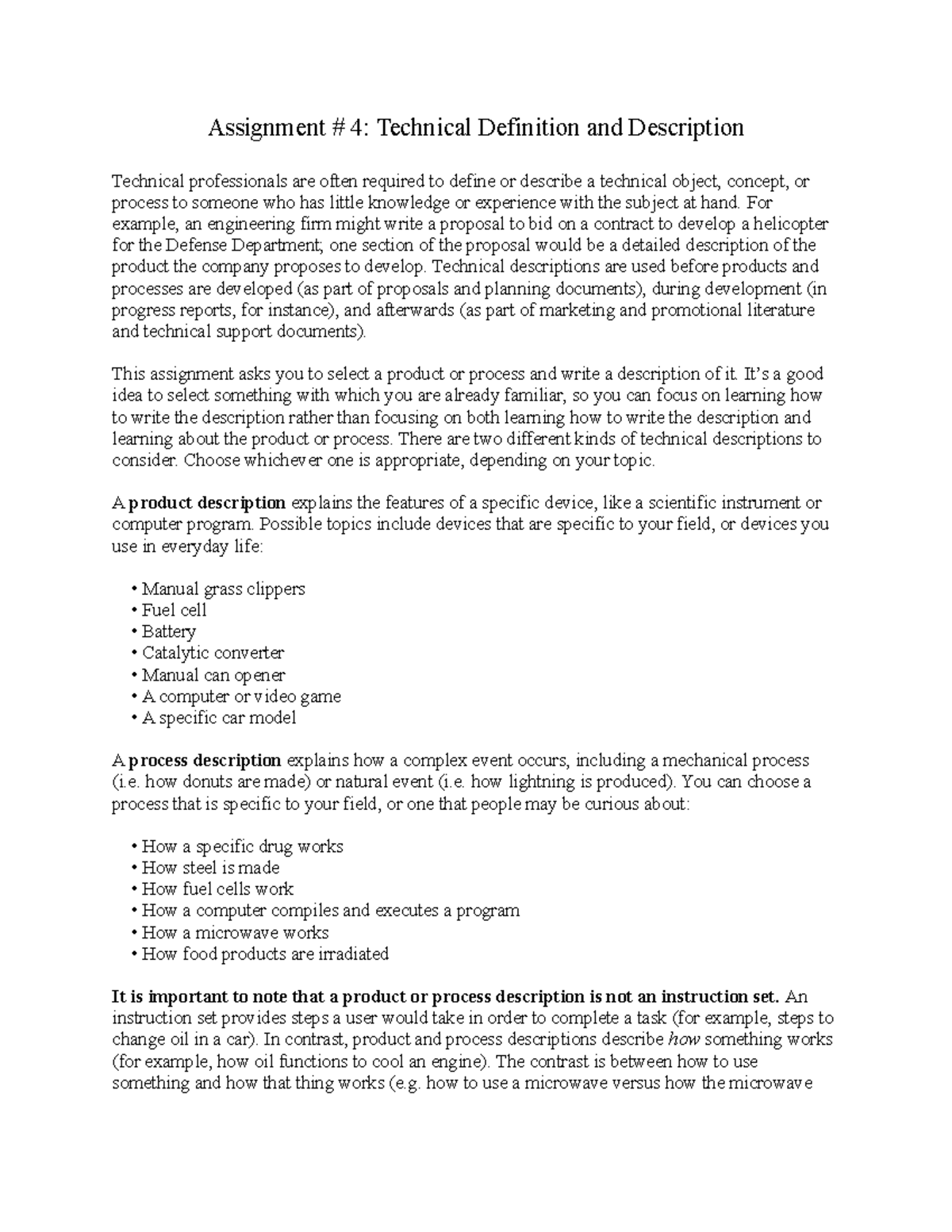 Definition description assignment sheet - Assignment # 4: Technical ...