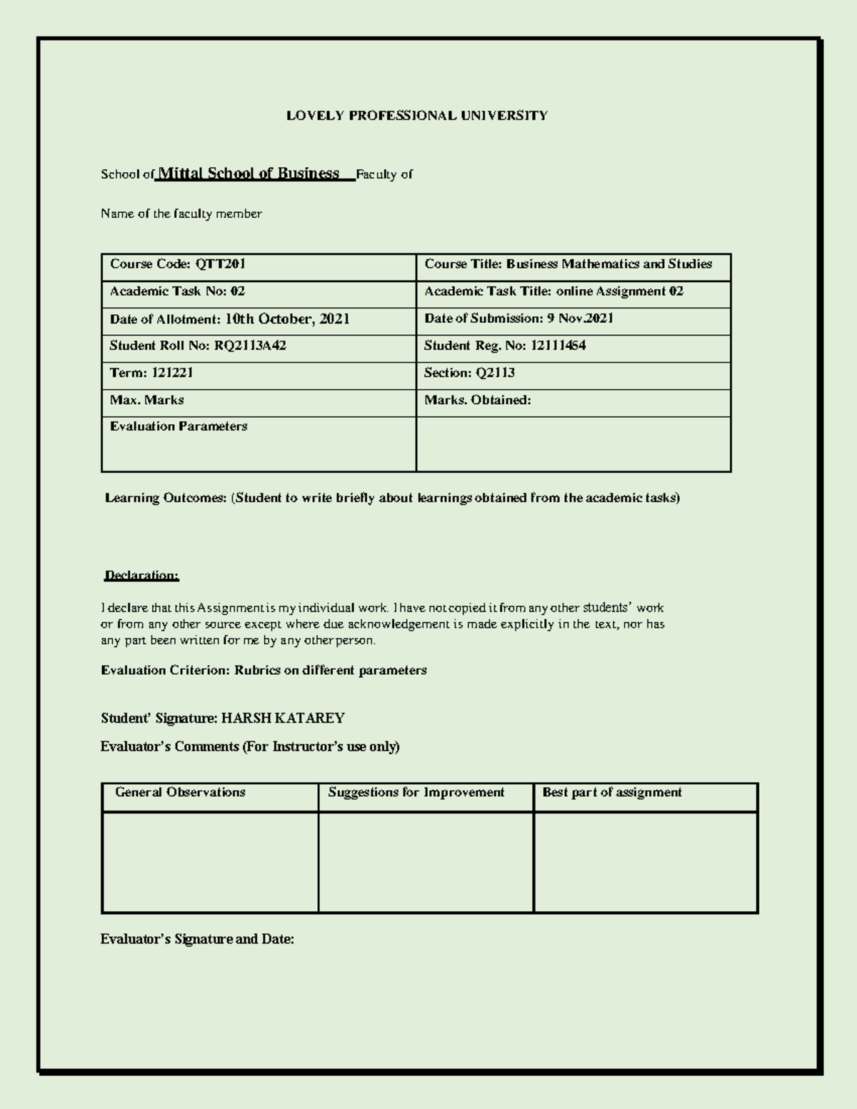 Quant CA2 - Assignment task 2 - LOVELY PROFESSIONAL UNIVERSITY School ...