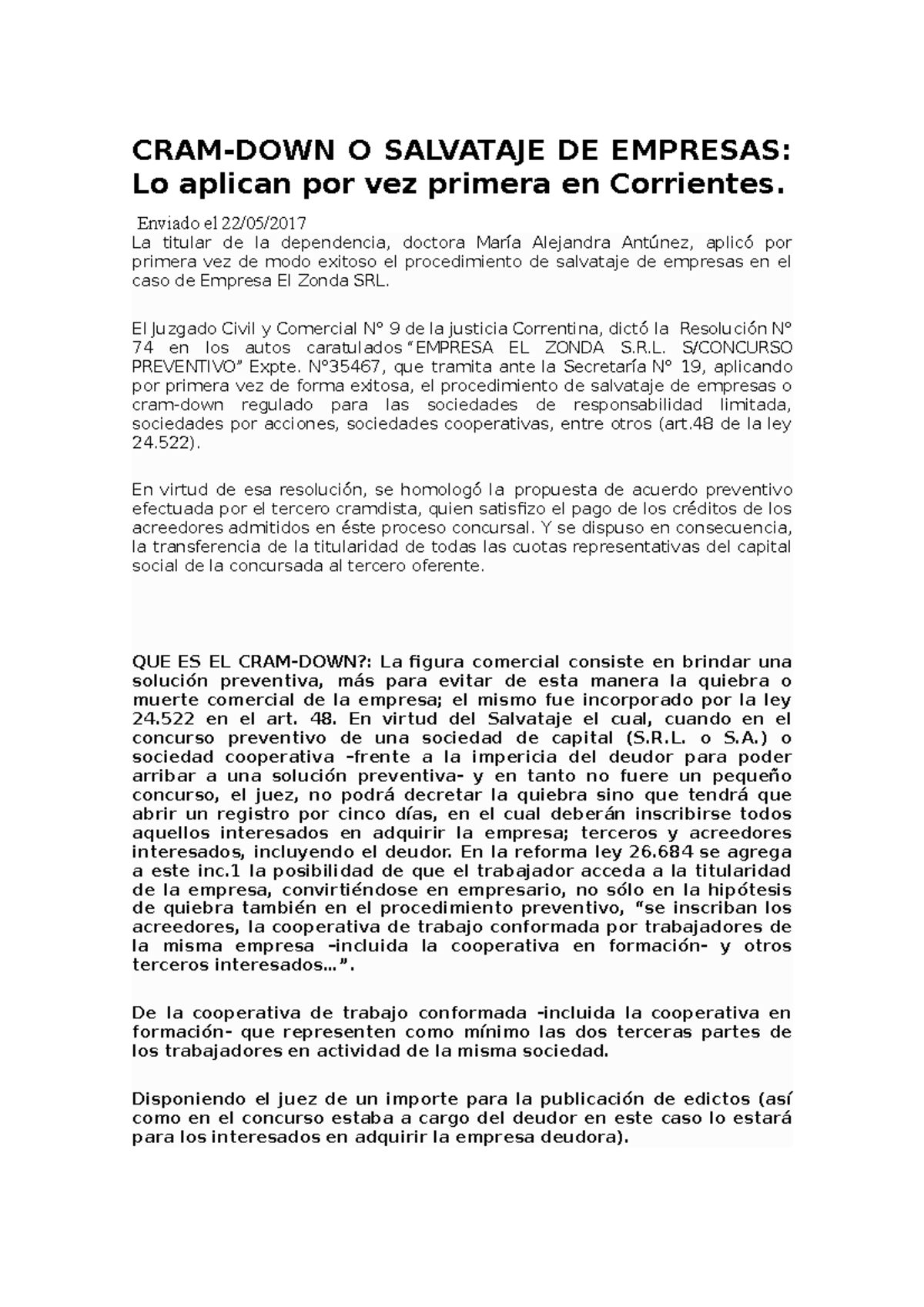 CRAM DOWM (salvataje de empresas) CRAMDOWN O SALVATAJE DE EMPRESAS