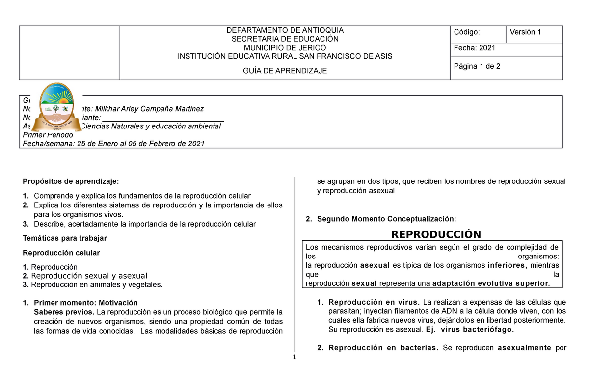 Taller 1 Ciencias Naturales La Reproduccion Octavo 2021 Grado Octavo Nombre Del Docente 0859