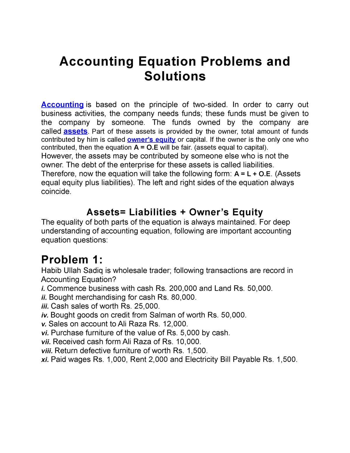 Accounting Equation Problems and Solutions Accounting Equation