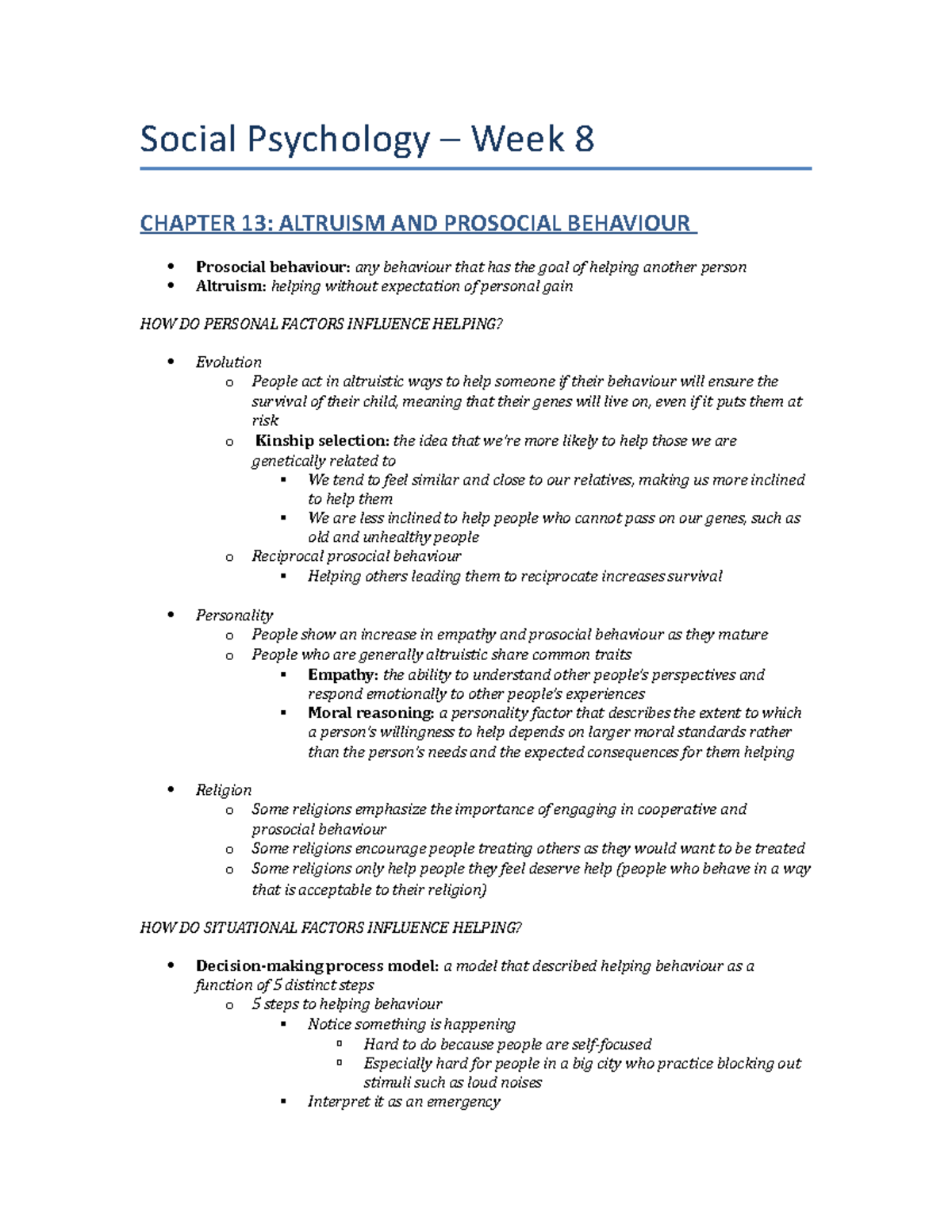 Week 8 (PSYC2310) - Summary Introduction to Social Psychology SFW ...