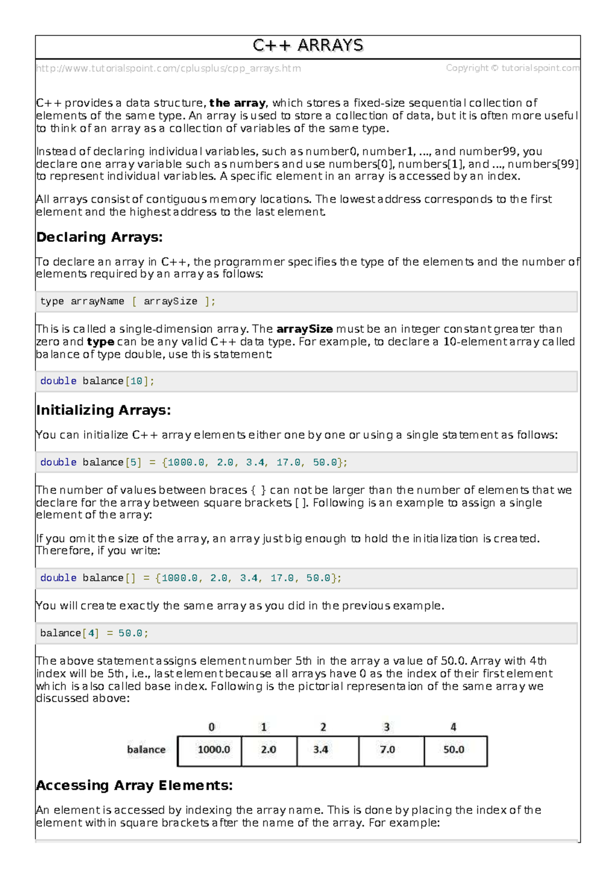 C Arrays C Arrays - Lecture Notes - Tutorialspoint/cplusplus/cpp_arrays ...