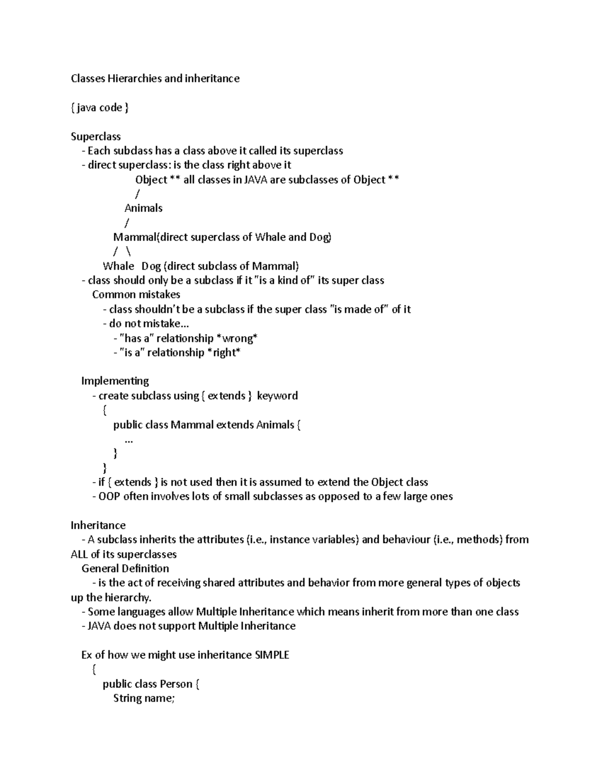 Comp1406 mid rev - Lecture notes 1-5 - Classes Hierarchies and ...