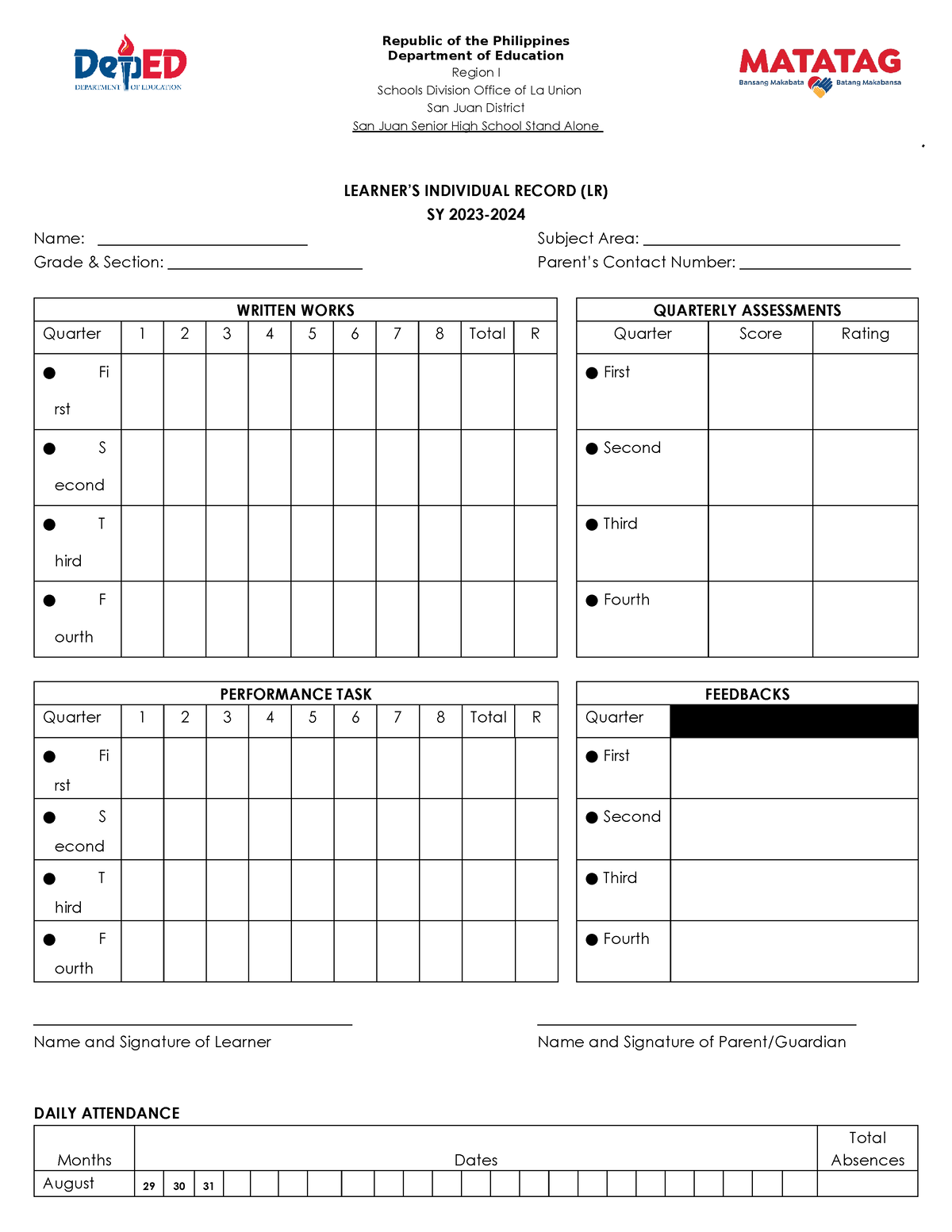 Individual Learners Record LR - Republic of the Philippines Department ...