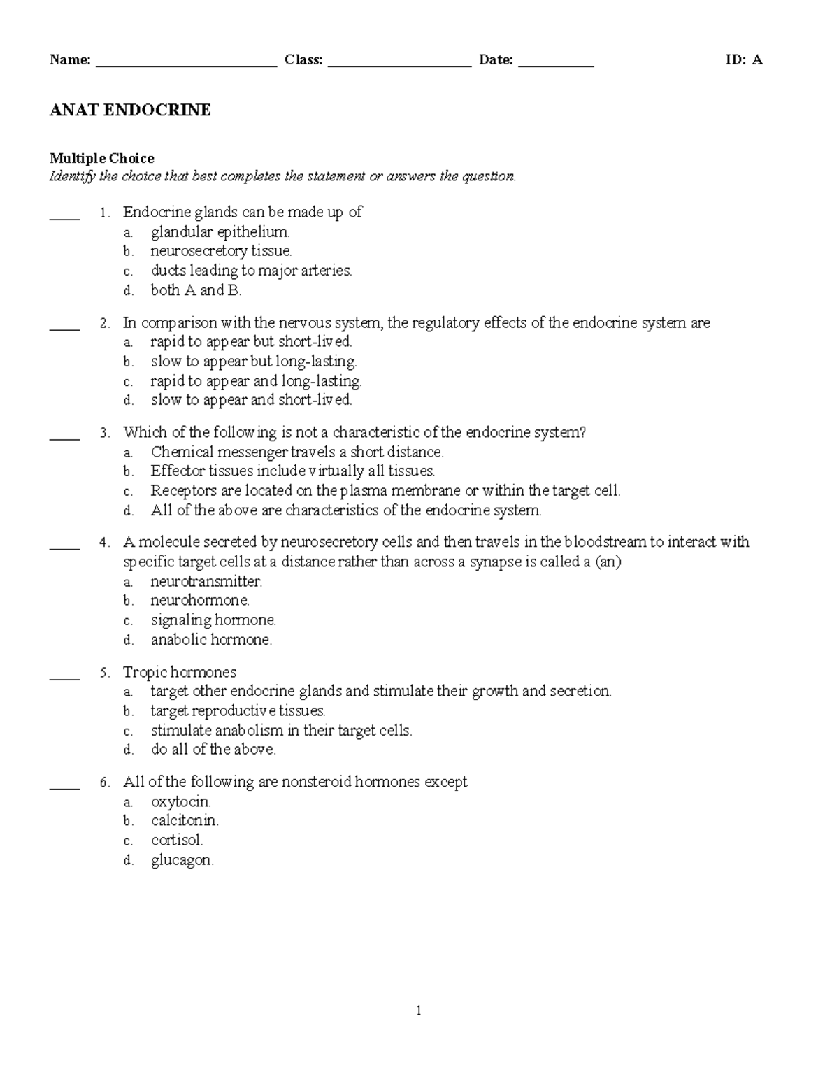 Anat endocrine system - Name: ________________________ Class ...