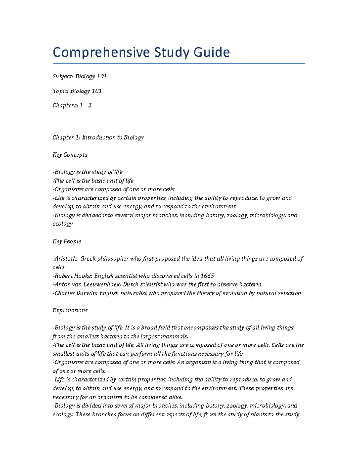 Clemson University Biology 101 Biology 101 Chapters 1-3 - Comprehensive ...