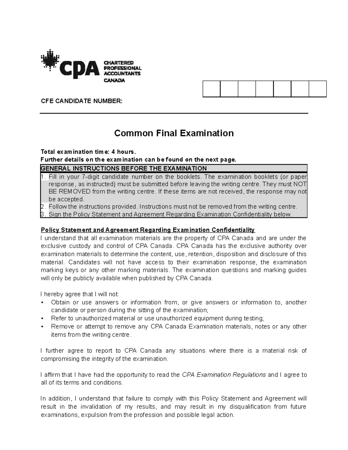 CFE Sim - CFE - CFE CANDIDATE NUMBER: Common Final Examination Total ...