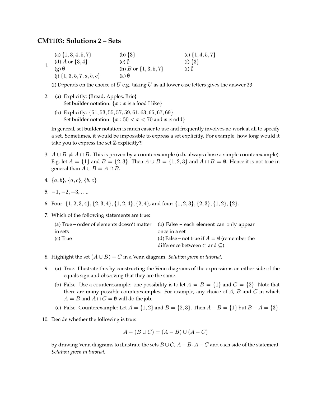 Sets Worksheet Answers Studocu