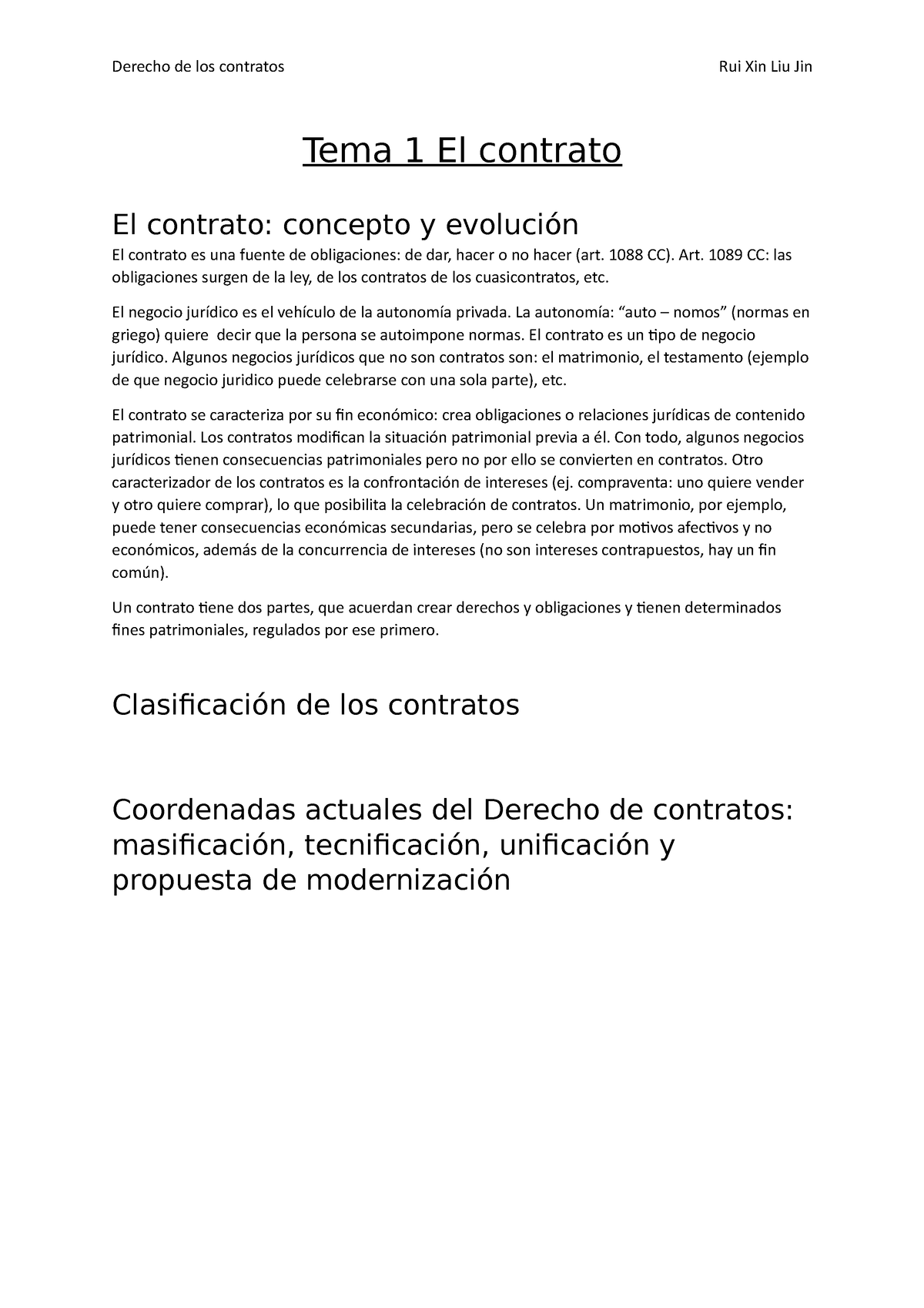 Tema 1 El Contrato Derecho De Los Contratos Rui Xin Liu Jin Tema 1 El Contrato El Contrato 0020