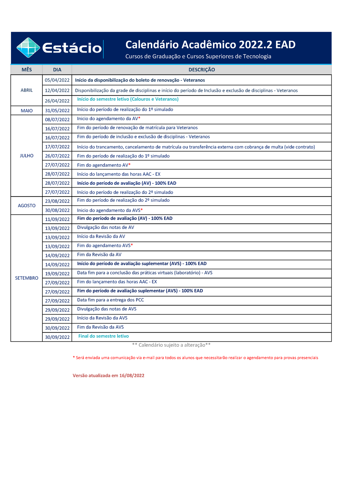 Calendário Acadêmico 2022.2 EAD V 16 08 2022 - Calend·rio AcadÍmico ...