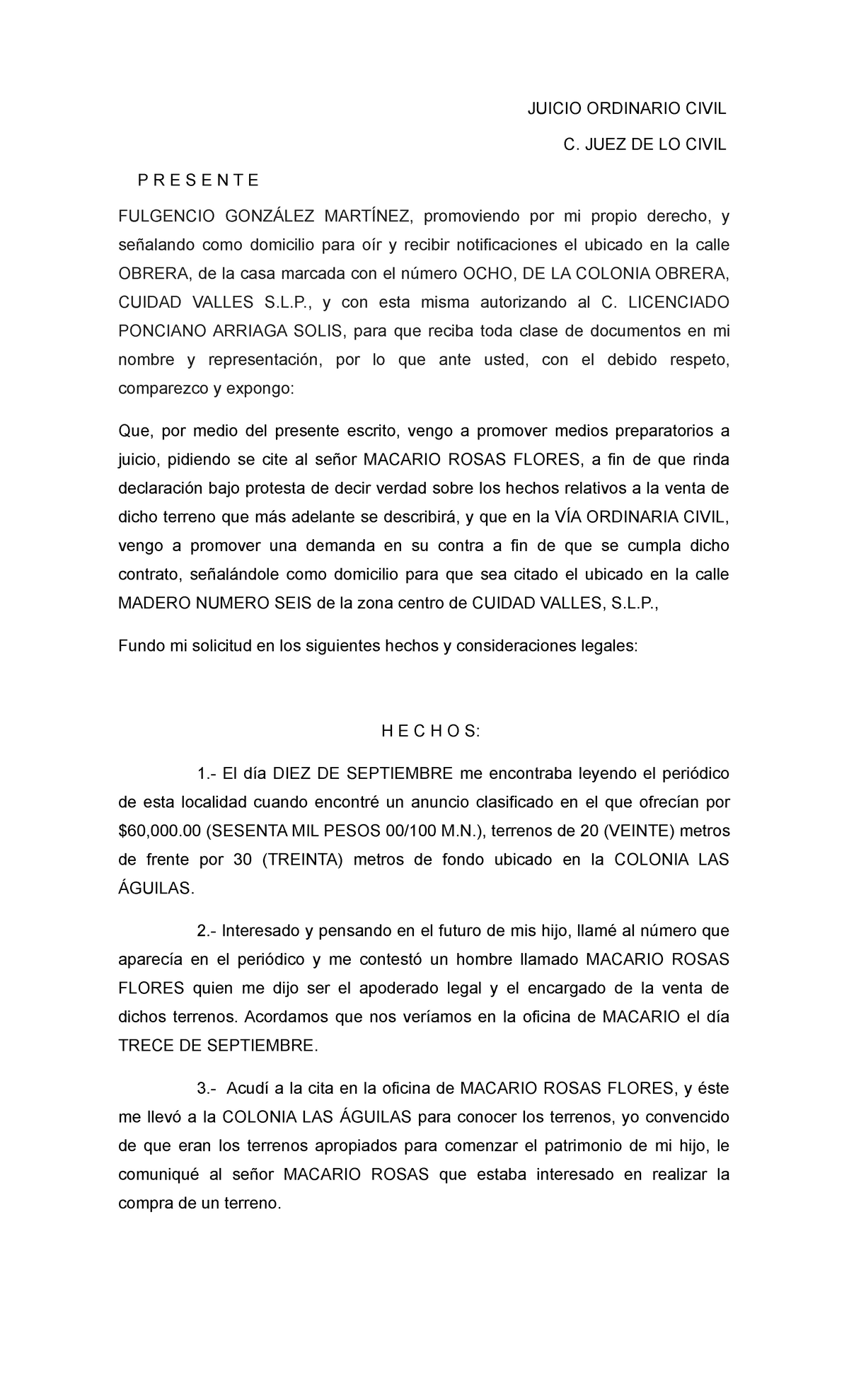 Medios Preparatorios - JUICIO ORDINARIO CIVIL C. JUEZ DE LO CIVIL P R E ...
