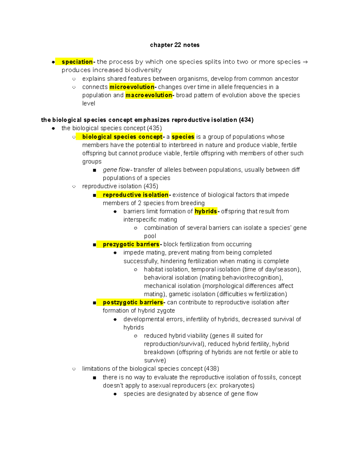 Chapter 22 notes - chapter 22 notes speciation- the process by which ...