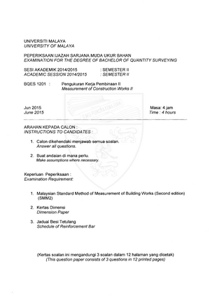 Exam 2 June 2015, questions - Measurement of Works II - BIC1005 