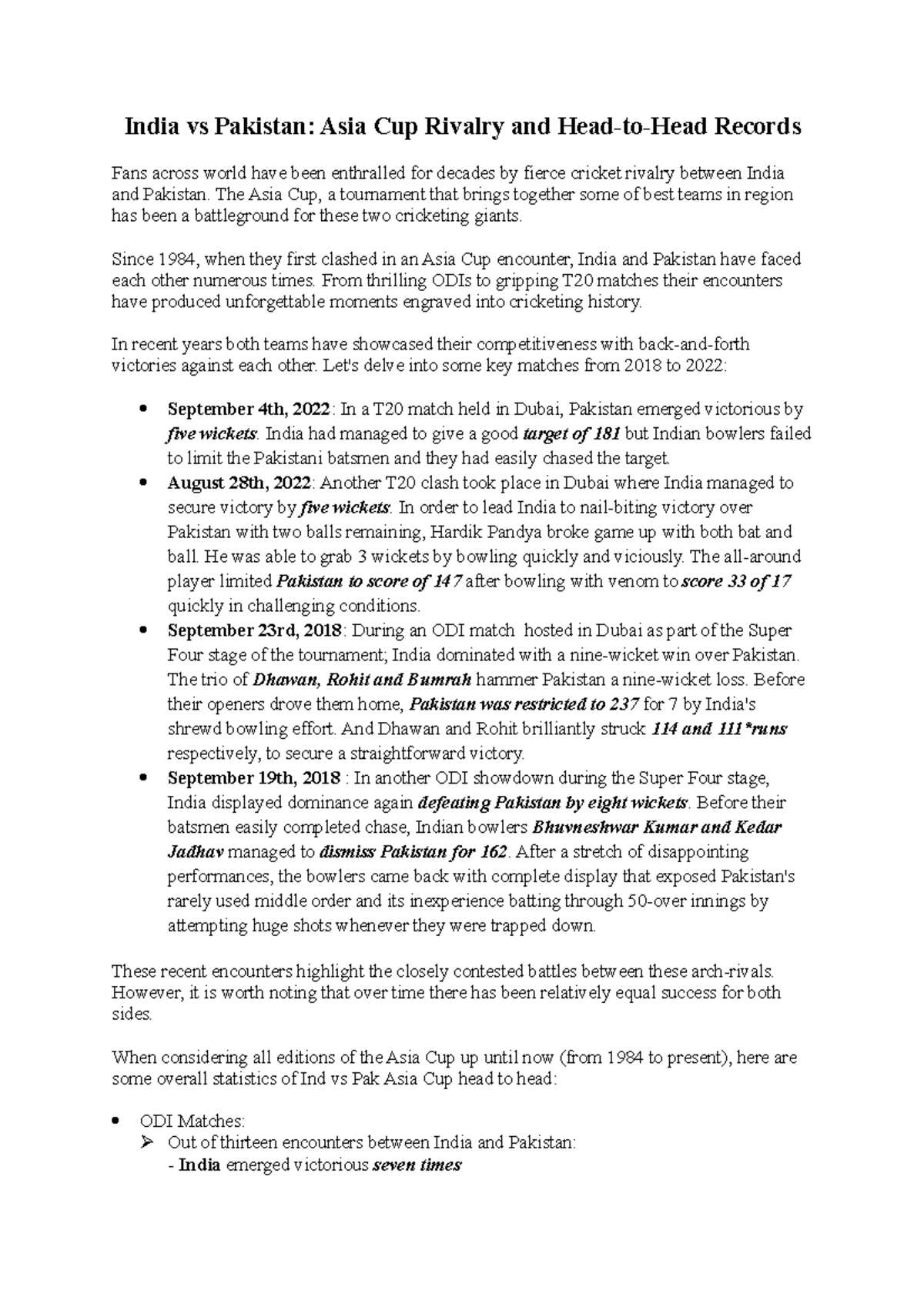 India vs Pakistan head to head India vs Pakistan Asia Cup Rivalry