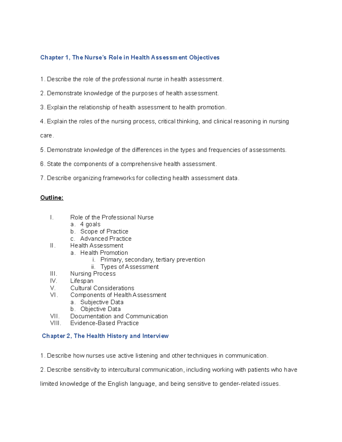 N330 Unit 1 Outline - Chapter 1, The Nurse’s Role In Health Assessment ...